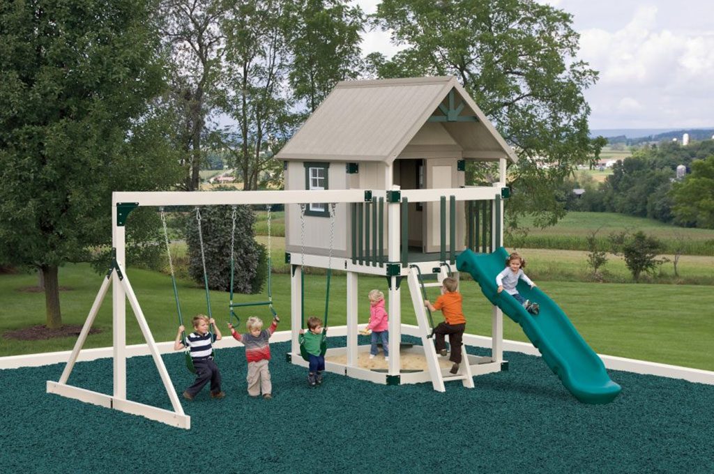 happy hideout playhouse with a slide and swing